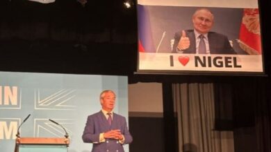 The display of Putin’s poster disrupted the Brexit leader’s speech