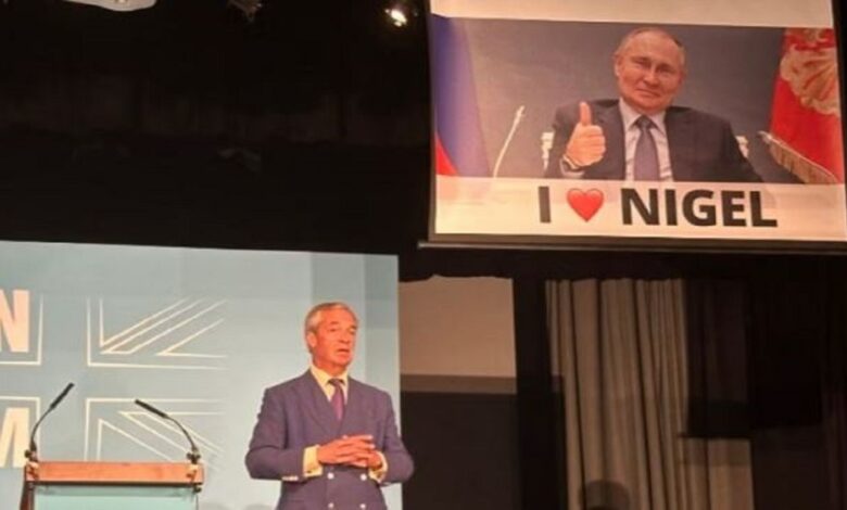 The display of Putin’s poster disrupted the Brexit leader’s speech