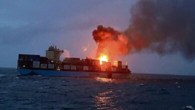 A cargo ship caught fire off the coast of India