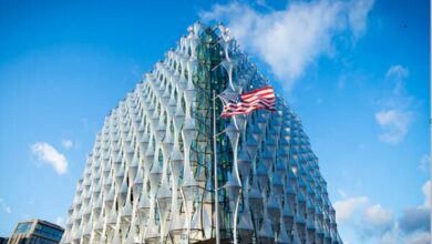 Security measures around the US embassy in England following a suspicious package