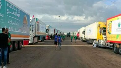 The arrival of 5 trucks carrying humanitarian aid to Gaza